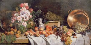 Nature morte avec fleurs et fruits sur une table